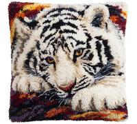 AMBATTERY Latch Hook Kit Cushion, White Tiger DIY Pillow Materials Knitted Embroidered Pillow Embroidery Latch Hook Carpet Kit,43x43cm