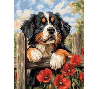 AMBATTERY Latch Hook Kit Rug Bernese Mountain Dogs and Flowers DIY Rug Making Kits for Adults with Printed Patterns,Canvas Yarn Latch Hook Kit,Crochet Set 23x35in