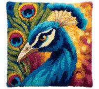 AMBATTERY Latch Hook Kits for Adults Animal Peacock Latch Hook Cushion Craft Kits Pillow Cover Making Crochet Pre Printed Canvas Wool Yarn DIY Sofa Home Decor 17x17inch