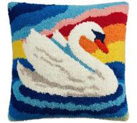 AMBATTERY Latch Hook Kits for Adults Beginners Cushion Craft Kits White Swan Pillow Cover Making Crochet Pre Printed Canvas Wool Yarn Hobbies DIY Sofa Home Decor 17x17in