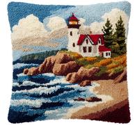 AMBATTERY Latch Hook Kits Lighthouse by The sea Latch Hook Cushion Kit,DIY Pillow Cover Making Craft Printed Canvas for Beginners Embroidery Crafting Pillowat De Broderie 17x17in