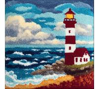 AMBATTERY Latch Hook Kits Pillow Lighthouse by The sea DIY Cushion Making Crochet Hook Rug Making Kits Color Preprinted Pattern Canvas DIY Yarn Hooking Kit 43x43cm