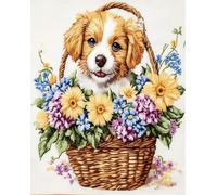 AMBATTERY Latch Hook Kits Rugs Dog In Flower Basket Diy Latch Hook Kits Printed Latch Hook Rugs Set Diy Tapestry Carpet Making For Adults Beginners Home Decor 23x35in