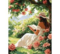 AMBATTERY Latch Hook Kits Woman Reading A Book And Roses Printed Canvas Crochet Needlework Diy Craft Rug Cushion Mat Tapestry Knitting Kits For Adults With Instructions 23x35in