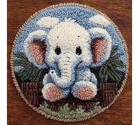 AMBATTERY Round Latch Hook Kits Rug Animals Elephant DIY Rug Crochet Hook Cushion Making Kits with Preprinted Pattern Canvas DIY Handmade Home Sofa Cushion Kit Decor 50x50cm