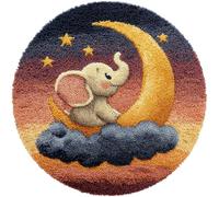AMBATTERY Round Latch Hook Kits Rug Elephant and Moon 20x20inch (50x50cm) DIY Cushion Rug Carpet Making Crochet Hook Kits Preprinted Pattern Canvas Cushion Yarn Hooking Kit