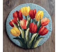 AMBATTERY Round Latch Hook Kits Tulip Flowers Pre-Printed Rug DIY Crochet Yarn Embroidery Needlework Hook and Latch Kit Carpet Cushion Cover Home Sofa Decoration 50x50cm