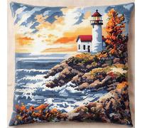 AMBATTERY Stamped Cross-Stitch Kit, Lighthouse by The sea Printed Canvas 45 × 45 Cm Cross Stitch Cushion Kits Needlework Kit for Beginners 11Ct Needlework Sets Embroidery Pillow