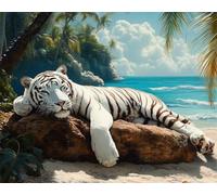 AMBATTERY Tapestry Kits for Adults White Tiger Animal and Seascape Printed Canvas Crochet Needlework DIY Craft Rug Cushion Mat Tapestry Knitting Kits for Adults with Instructions 21x29in