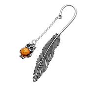 AMBEDORA Bookmark with Amber, Oxidised Sterling Silver, Round Baltic Amber in Cognac Colour, Silver Little Owl Bookmark L. 8.2 cm