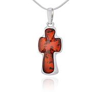 AMBEDORA Cross Necklace with Amber, Polished Sterling Silver, Baltic Amber in Cognac Colour, Silver Pendant Cross Amber R with Chain