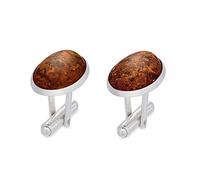 AMBEDORA, Cufflinks Silver 925 Polished, Oval Natural Baltic Amber, Silver Arawa Cufflinks with Good Luck Engraving, Modern Form, Gift Set