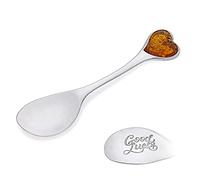 AMBEDORA Good Luck Spoon, Polished Sterling Silver, Silver Spoon with Amber Heart and Lucky Engraving for A Loved One, Gift for Wedding Anniversary, Birthday or Anniversary