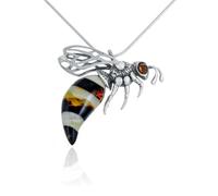 AMBEDORA Ladies Large Bee Necklace mod.05 Colourful Baltic Amber Oxidized Sterling Silver Pendant on Chain, Sterling Silver, Amber