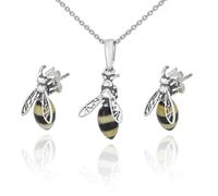 AMBEDORA Ladies Silver Jewellery Set Bees mod.09s Colourful Baltic Amber Oxidised Sterling Silver Pendant on Chain and Earrings, Sterling Silver, Amber