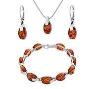 AMBEDORA Large Women's Jewellery Set Amber 015, Polished Sterling Silver, Baltic Amber in Cognac Colour, Silver Bracelet, Pendant on Chain and Earrings