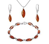 AMBEDORA Large Women's Jewellery Set Amber 324, Polished Sterling Silver, Baltic Amber in Cognac Colour, Silver Bracelet, Pendant on Chain and Earrings