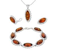 AMBEDORA Large Women's Jewellery Set Amber 426, Polished Sterling Silver, Amber in Cognac Colour, Silver Bracelet, Pendant on Chain and Clips