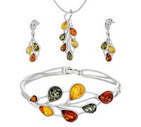 AMBEDORA Large Women's Jewellery Set Amber 458, Polished Sterling Silver, Colourful Baltic Amber, Silver Bracelet, Pendant on Chain and Earrings
