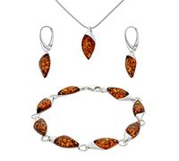 AMBEDORA Large Women's Jewellery Set Louise, Polished Sterling Silver, Amber in Cognac Colour, Silver Bracelet, Pendant on Chain and Earrings