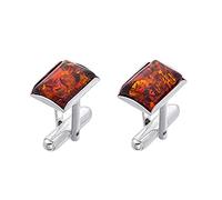 AMBEDORA Men's Silver Cufflinks Maldives with Amber, Polished Sterling Silver, Rectangular Baltic Amber, Gift Set