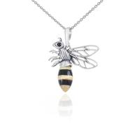 AMBEDORA MOD.07 Women's Colourful Baltic Amber Bee Necklace Oxidized Sterling Silver Pendant on Chain, Sterling Silver, Amber