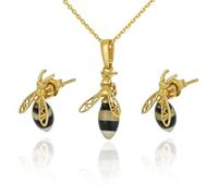 AMBEDORA Mod.09s Women's Jewellery Set Bees Colourful Baltic Amber, Gold-Plated Sterling Silver, Gold-Plated Pendant with Chain and Earrings, Sterling Silver, Amber