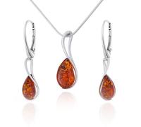 AMBEDORA Monique 2 Small Sterling Silver Baltic Amber Cognac Colour Teardrop Pendant on Snake Chain & Earrings, Women's Jewellery Set