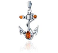 AMBEDORA Navy Anchor Pendant with Amber, Polished Sterling Silver, Baltic Amber in Cognac Colour