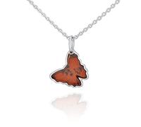 AMBEDORA Small Delicate Necklace for Women, Polished Sterling Silver, Baltic Amber in Cognac Colour Carved Butterfly, Amber Butterfly Pendant with Chain