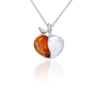 AMBEDORA Small Women's Apple Necklace with Amber, Polished Sterling Silver, Baltic Amber in Cognac Colour, Silver Pendant with Chain