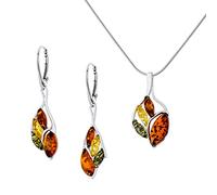 AMBEDORA Small Women's Jewellery Set Sabine, Polished Sterling Silver, Colourful Baltic Amber, Silver Pendant on Chain and Earrings
