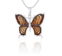 AMBEDORA Women’s Butterfly Necklace the Queen of Spain Fritillary with Amber, Baltic Cherry Amber, Polished Sterling Silver, Silver Pendant with Chain