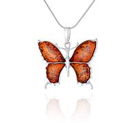 AMBEDORA Women’s Necklace Butterfly II, Polished Sterling Silver, Baltic Amber in Cognac Colour, Silver Butterfly Pendant with Chain, Women's Gift Set
