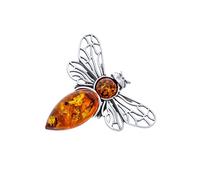 AMBEDORA Women’s Silver Brooch Bee mod. 3 with Amber, Oxidised Sterling Silver, Natural Baltic Amber in Cognac Colour, Normal, Sterling Silver, amber