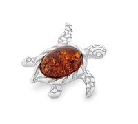 AMBEDORA Women’s Silver Sea Turtle Brooch with Amber, Polished Sterling Silver, Oval Baltic Amber, Brooch with Pendant Function