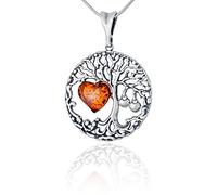 AMBEDORA Women’s Sterling Silver Oxidised Necklace, Baltic Amber Heart, Celtic Tree of Life Pendant with Amber Heart on Chain