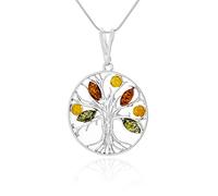 AMBEDORA Women's 925 Silver Necklace Gloss Colour Baltic Amber Celtic Tree of Life Pendant on a Snake Chain Ready to Gift Set