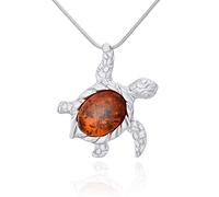 AMBEDORA Women's 925 Silver Polished Necklace with Protective Nano Coating Oval Baltic Amber Sea Turtle Pendant with Snake Chain Splice Ready Set to Give