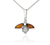 AMBEDORA Women's Bee Necklace Mod.11 with Amber, Oxidized Sterling Silver, Baltic Amber in Cognac Colour, Silver Pendant on Chain