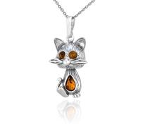 AMBEDORA Women's Cat Necklace Oxidized Sterling Silver Baltic Amber Cognac Colour Silver Pendant with Chain Mod.02, Sterling Silver, Amber