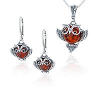 AMBEDORA Women's Clever Owls Jewellery Set, Oxidised Sterling Silver, Baltic Amber in Cognac Colour, Silver Pendant on Chain and Earrings