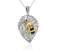 AMBEDORA Women's Gold Bee on Leaf Necklace with Amber, Oxidised Sterling Silver, Two-Tone Baltic Amber, Black Cubic Zirconia, Silver Pendant with Chain, Sterling Silver, Amber