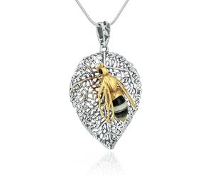 AMBEDORA Women's Gold Bee on Leaf Necklace with Amber, Oxidised Sterling Silver, Two-Tone Baltic Amber, Black Cubic Zirconia, Silver Pendant with Chain, Sterling Silver, Amber