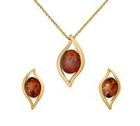 AMBEDORA Women's Jewellery Set Amber Flames, Gold Plated Sterling Silver, Baltic Amber in Cognac Colour, Gold Plated Pendant on Chain and Earrings