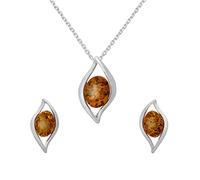 AMBEDORA Women's Jewellery Set Amber Flames, Polished Sterling Silver, Baltic Amber in Cognac Colour, Silver Pendant on Chain and Earrings