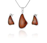 AMBEDORA Women's Jewellery Set Brigitte K, Polished Sterling Silver, Baltic Amber in Cognac Colour, Silver Pedant on Chain and Earrings
