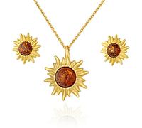 AMBEDORA Women's Jewellery Set Little Sun, Gold Plated Sterling Silver, Baltic Amber in Cognac Colour, Gold Plated Pendant on Chain and Earrings