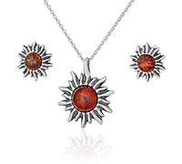 AMBEDORA Women's Jewellery Set Little Sun, Oxidised Sterling Silver, Baltic Amber in Cognac Colour, Silver Pendant on Chain and Earrings