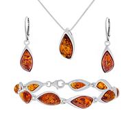 AMBEDORA Women's Modern Amber Sterling Silver Jewellery Set, Cognac Baltic Amber, Silver Pendant with Adjustable Snake Chain Necklace and Earrings